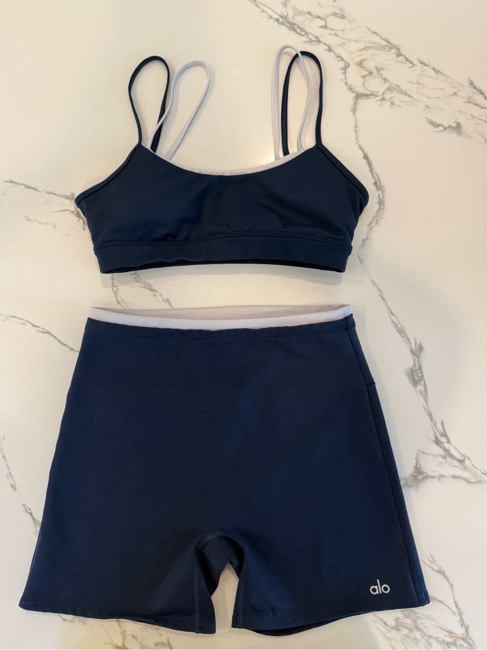 ALO Yoga Navy/White Airbrush Double Up Bra and Short